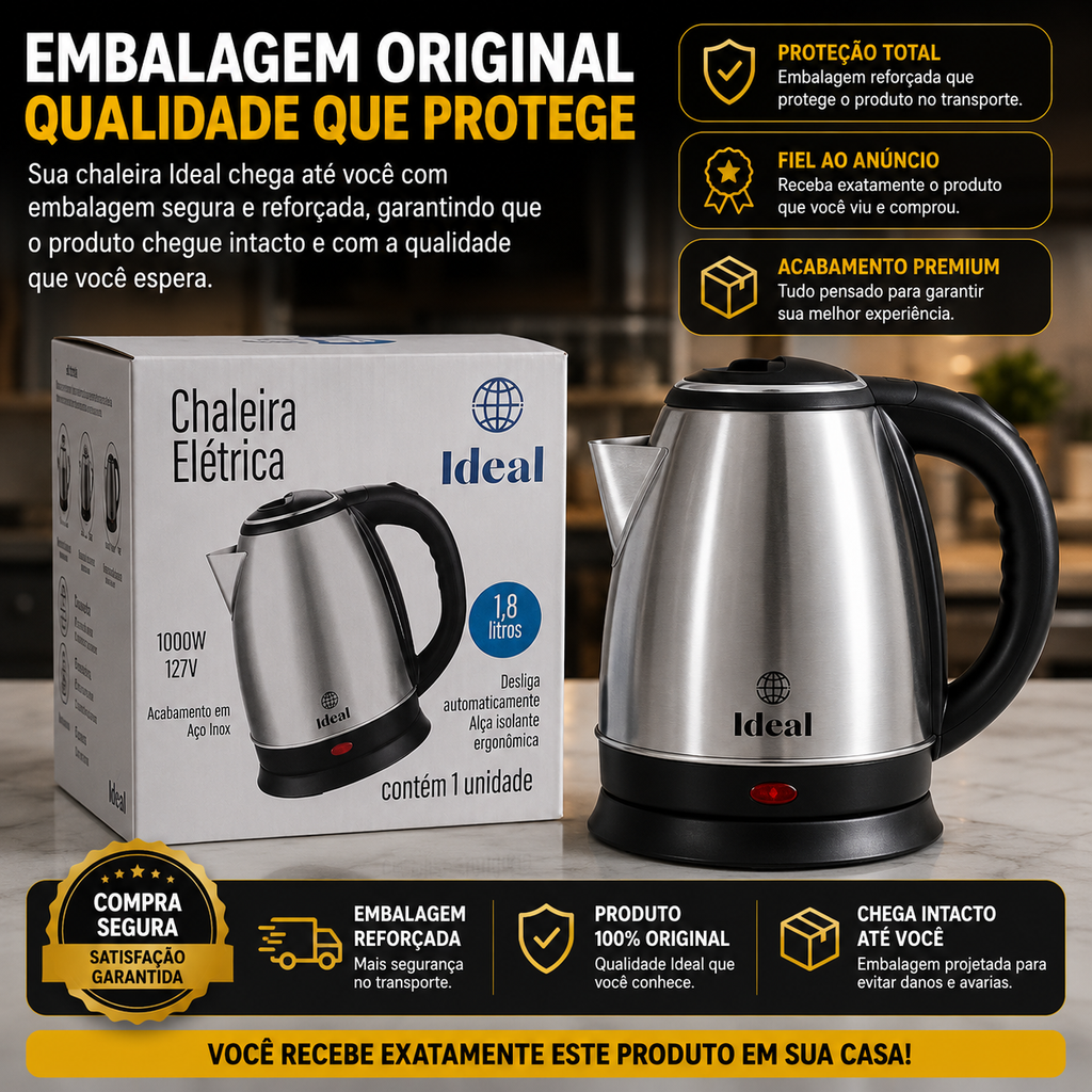 Chaleira Elétrica Inox 1,8L 127V 1000W Aquecimento Rápido Desligamento Automático