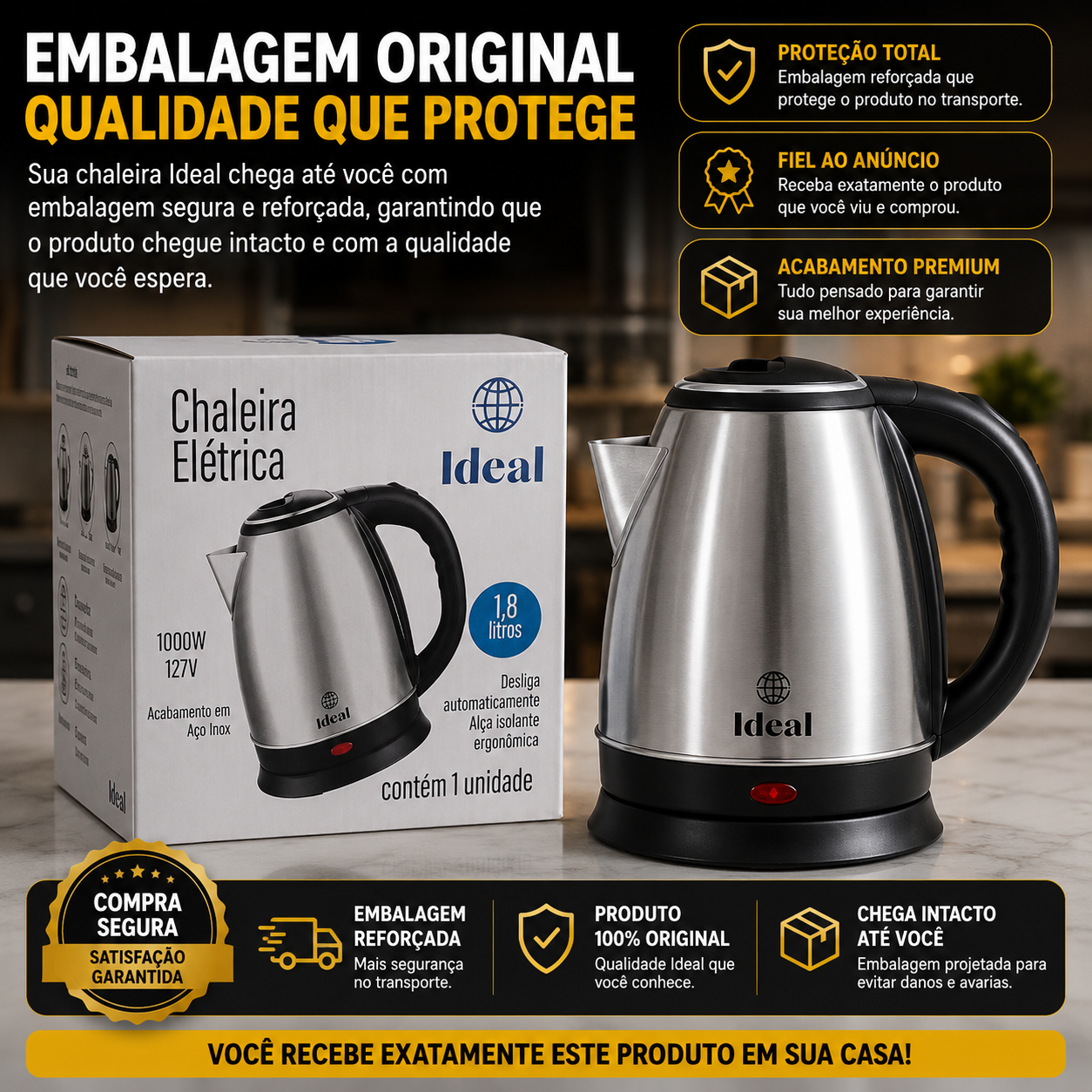 Chaleira Elétrica Inox 1,8L 127V 1000W Aquecimento Rápido Desligamento Automático