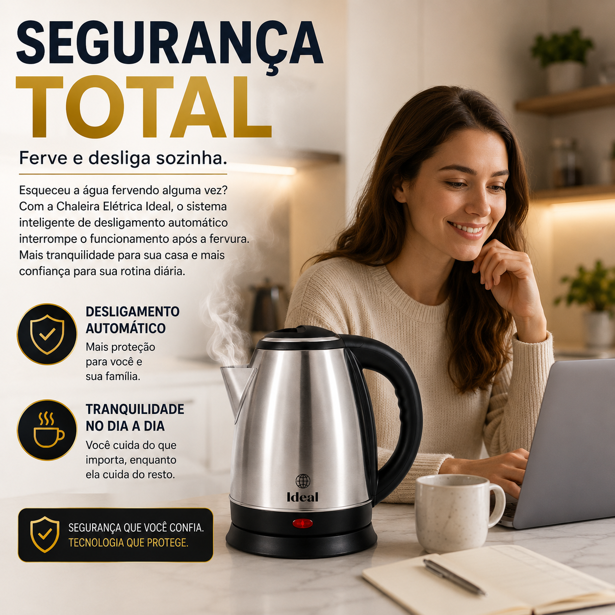 Chaleira Elétrica Inox 1,8L 127V 1000W Aquecimento Rápido Desligamento Automático